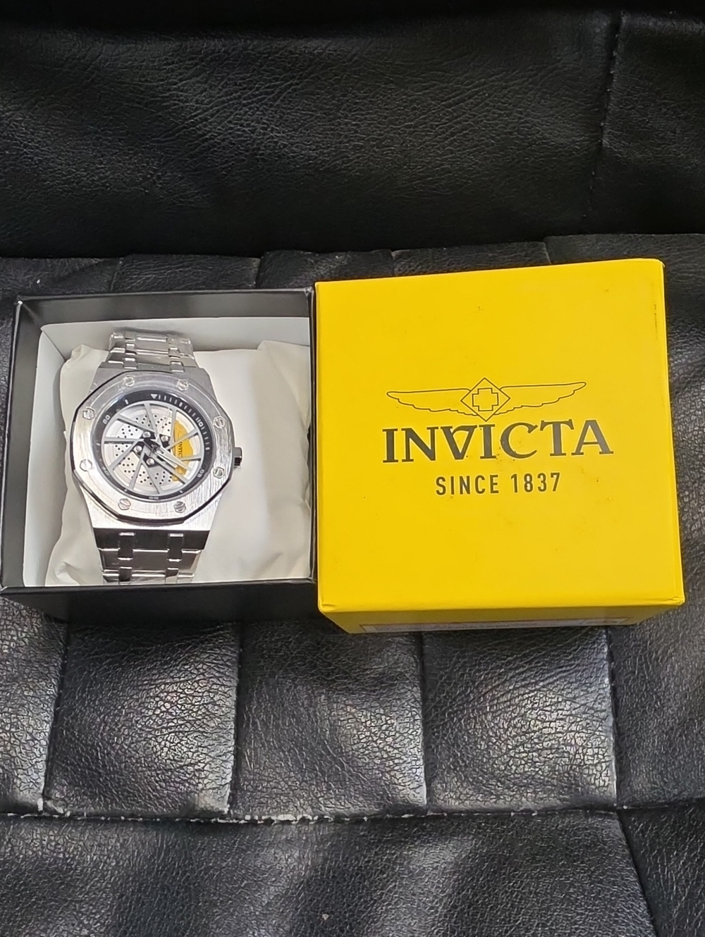 Invicta Men's Silver Stainless Steel Dial Watch with Yellow Accent
